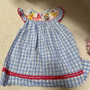 “Party animal” smocked bishop dress size 6 month